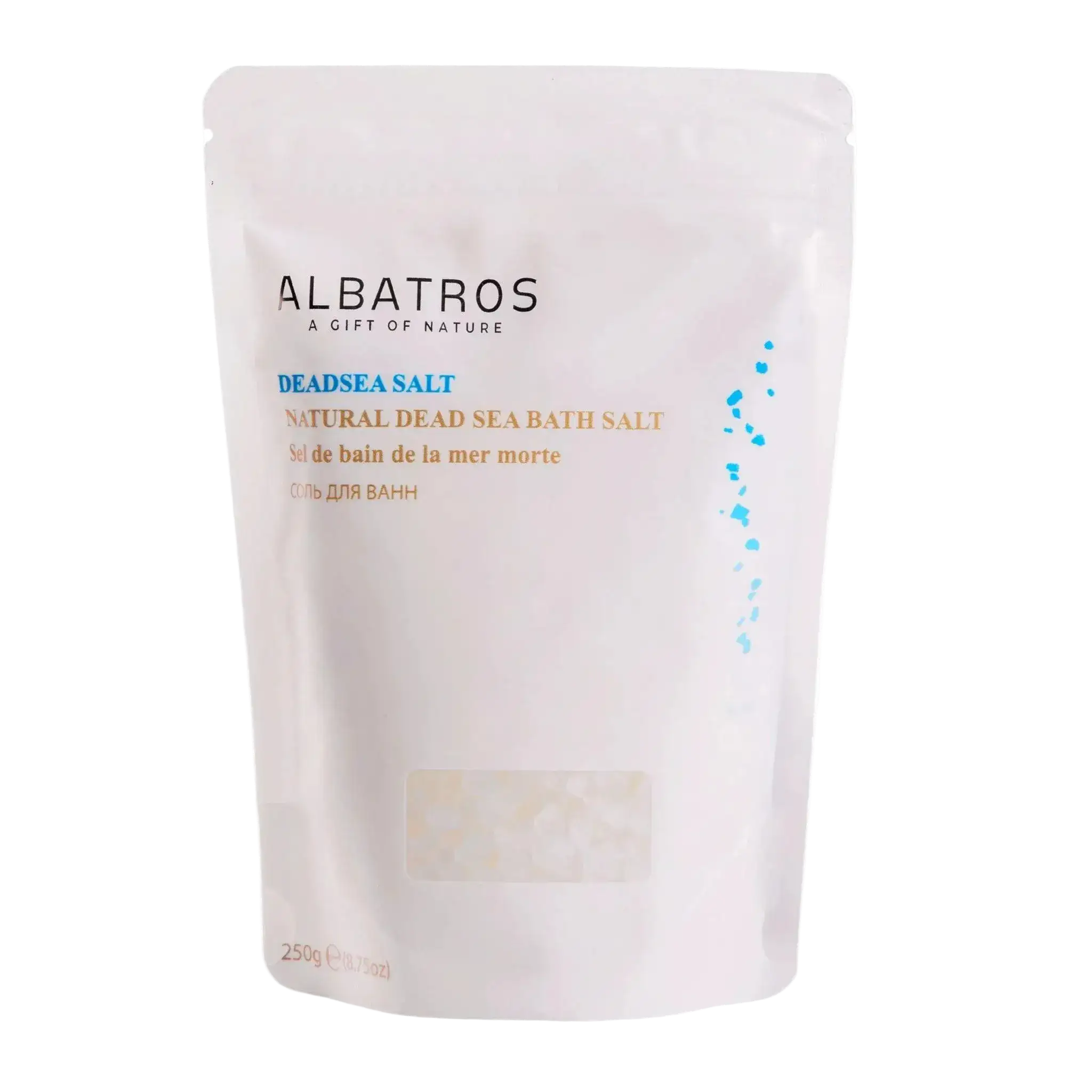 A bag of ALBATROS unscented Dead Sea bath salt, 250g, harvested on the Jordanian shore of the Dead Sea