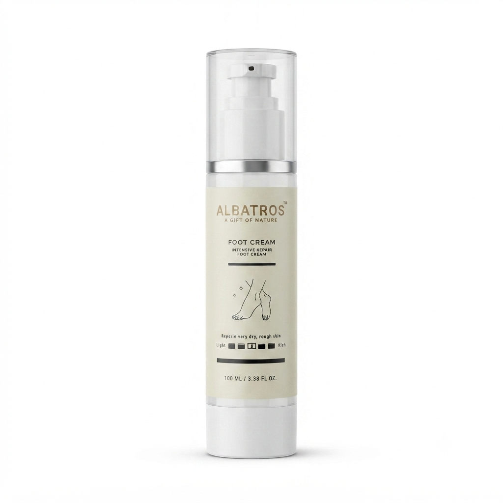 Albatros Foot Cream in a clear cylindrical pump bottle with a white and beige label, shown on a clean white background.